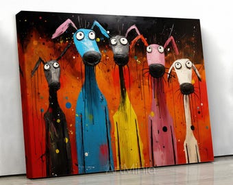 May include: A colourful abstract painting of five dogs with different coloured fur and large eyes. The dogs are standing in a row against a red background with black splatters.