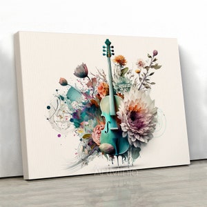 Abstract viola and flower watercolor painting canvas print wall art, Viola canvas print, High quality music canvas, Musical instrument decor