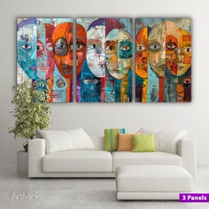 Colorful Abstract Face Art, 3 Panel Canvas Wall Art, Modern Expressionist Portraits, Multicolor Triptych for Living Room Decor Ready to Hang