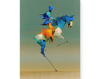 Dynamic Warrior Horse Rider Oil Painting Print - Impasto Minimalist Canvas Art