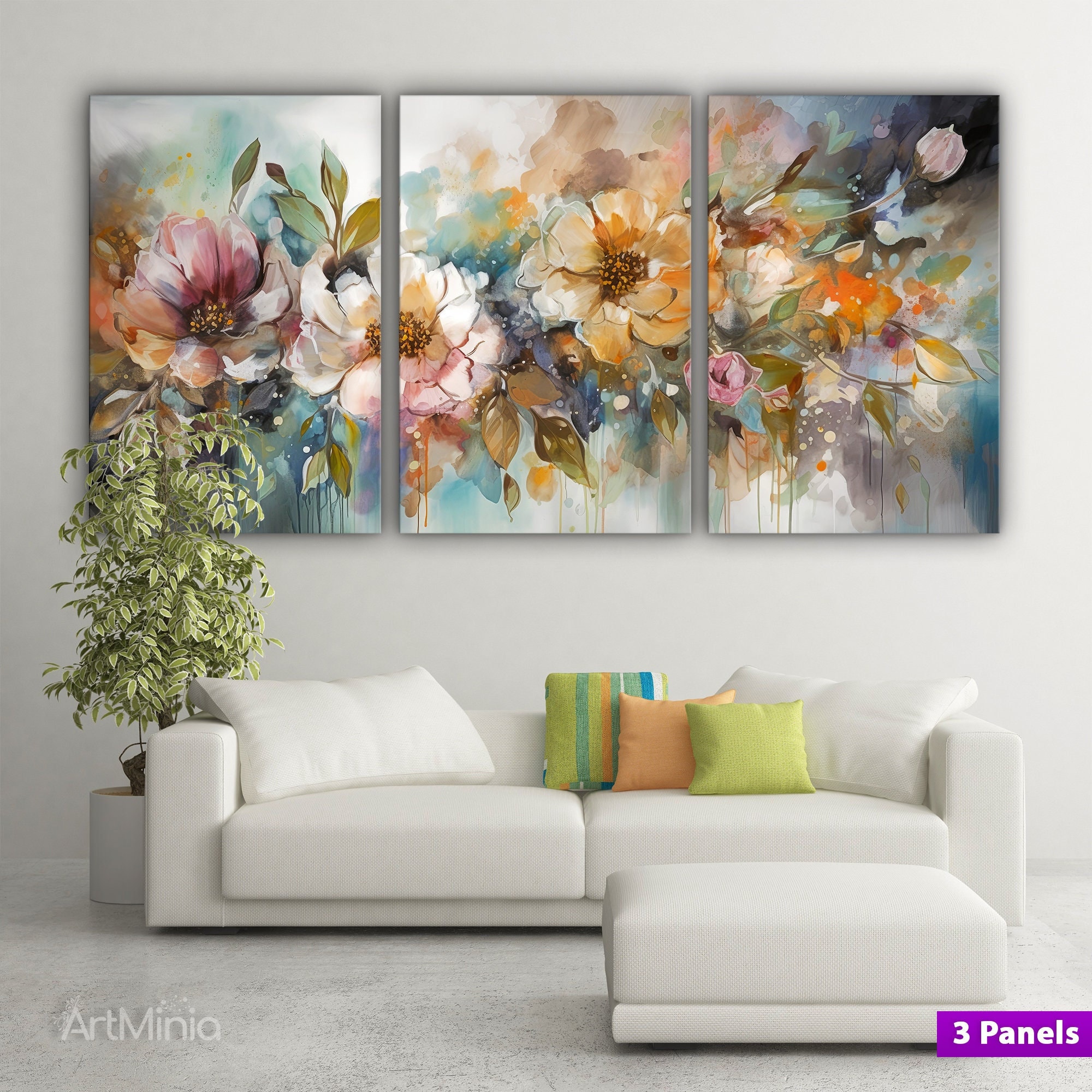 Boho Floral Canvas Print: Abstract Flower Wall Art, Multi Panel - Etsy