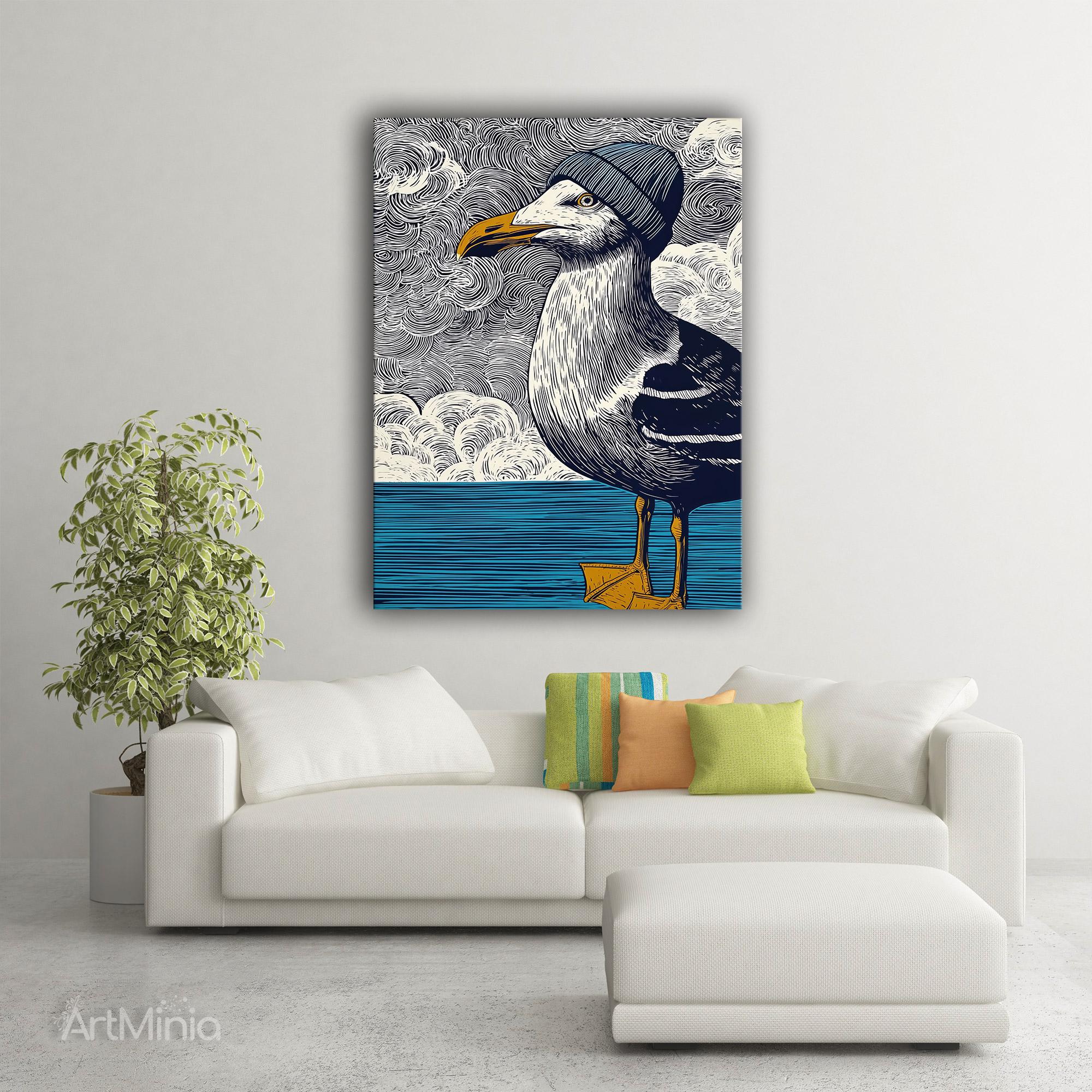 Stylish Seagull Wall Art Canvas Print With Beanie and Ocean Waves ...
