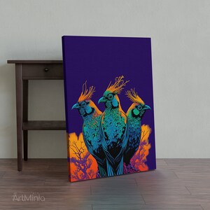 3 pájaros novela gráfica ilustración lienzo impresión arte de la pared, listo para colgar arte de lienzo estilo galería, regalo único, arte pop, arte contemporáneo