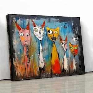 Cat Crew Canvas Print, Quirky Cartoon Characters, Abstract Painting Wall Art Canvas, Ready to Hang Gallery Style Wall Art Unique Home Decor