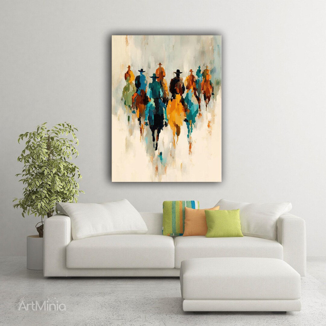 Vibrant Cowboy Riders Canvas Print - Abstract Western Wall Art for Home ...