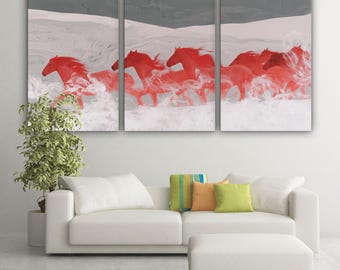 Dynamic Red Horses in Tundra Landscape Canvas Print - Contemporary Wall Art