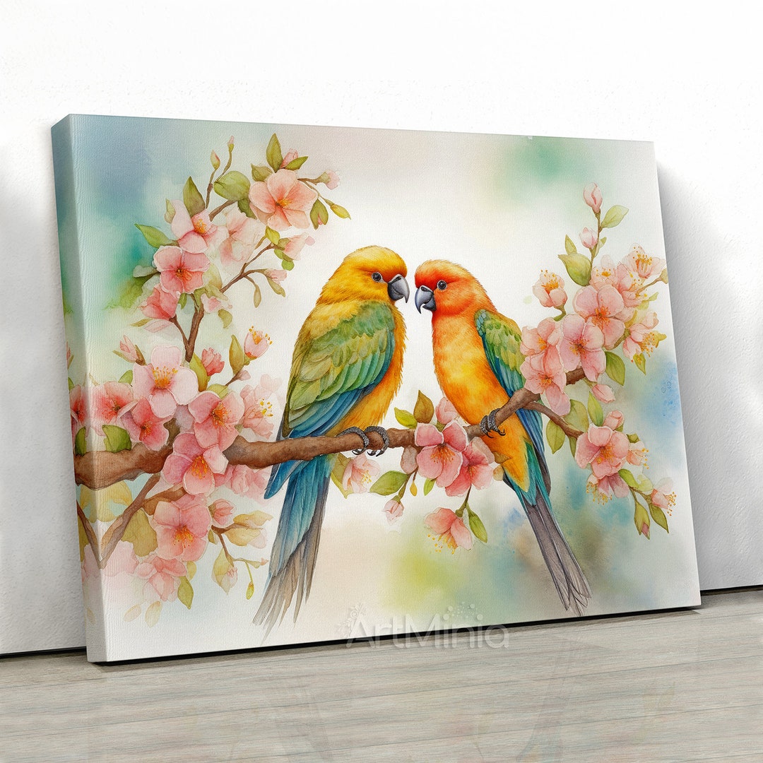 Parrot Canvas Print: Colorful Bird & Blossom Wall Art - Etsy - Colorful Parrot Art Posters Prints