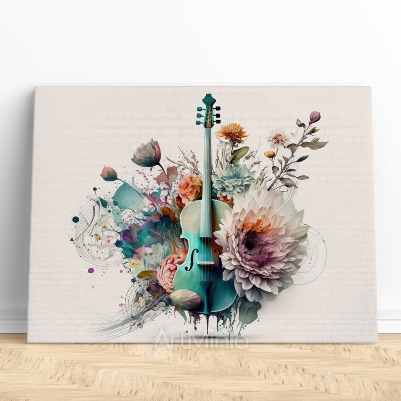 Abstract Viola & Floral Watercolor Canvas Print: Musical Instrument ...