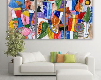 Vibrant Abstract Cubist Canvas Print in Bold Colors - Modern Wall Art