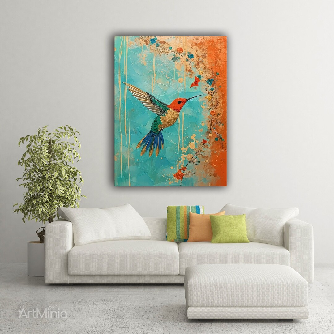Japanese Royal Wall Art, Orange and Turquoise Painting Canvas Print