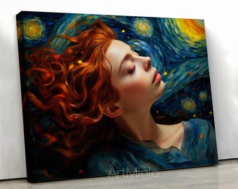 Starry Night Woman Portrait Canvas Print: Impressionist Art for Home Decor