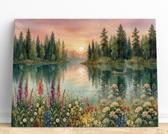 Serene Lake Sunrise Canvas Print with Colorful Wildflowers and Reflections