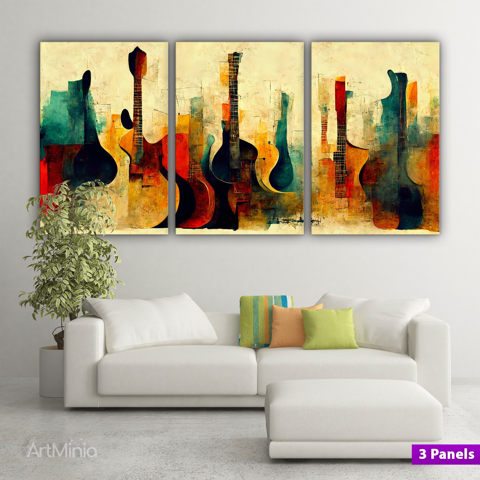 Tableau Moderne Toile Tendue, Musicien Guitariste Abstrait, Décoration Murale Prêt à Poser
