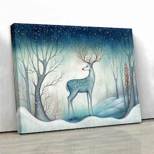 Magical deer in a snowy glacial forest canvas print wall art style of Amanda Clark, fairytale art canvas print, landscape art, deer painting