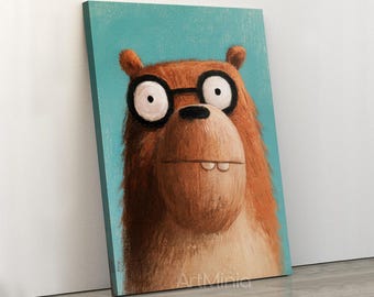 Cute Fluffy Bear Wall Art for Nursery Room - Charming Oil Painting Style