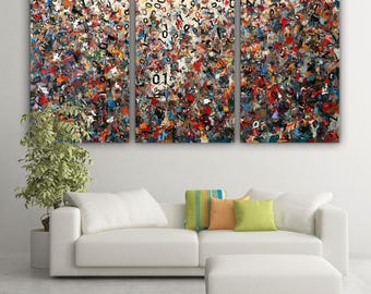 Dynamic Abstract Expressionist Canvas Print with 0s and 1s in Vibrant Colors