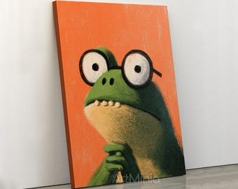 Charming Green Frog Wall Art for Nursery Room - Cute Crayon Style Canvas Print