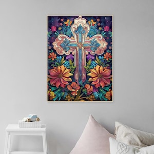 Kit de pintura de diamante 5D DIY con diseño de cruz cuadrada y redonda para adultos, pintura de mosaico de punto de cruz cristiana con rosa, arte de pared religioso con cruz