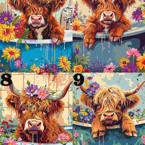 May include: Four paintings of a Highland cow with a flower crown, each in a different colored bathtub with flowers around the tub. The cow is looking at the viewer.