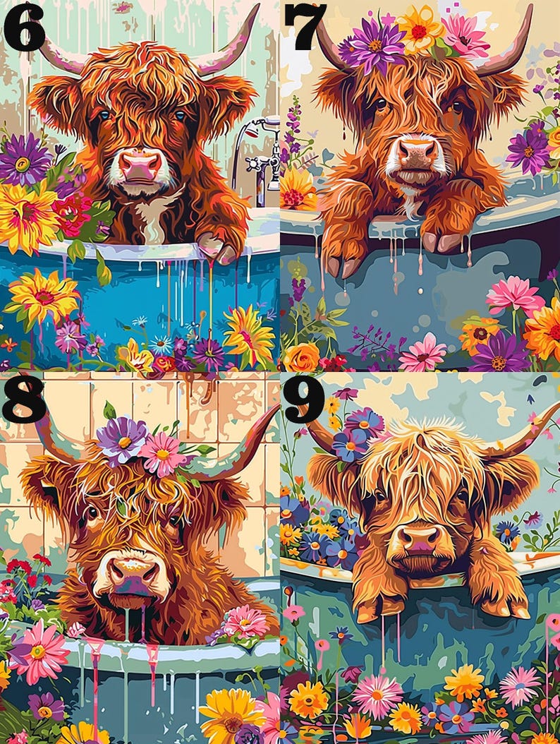 May include: Four paintings of a Highland cow with a flower crown, each in a different colored bathtub with flowers around the tub. The cow is looking at the viewer.