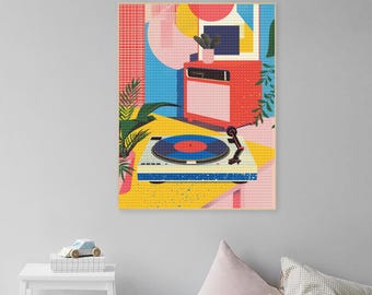 Midcentury Retro Vinyl Player Full Drill Diamond Painting Kits Vinyl Player Diamond Wall Art DIY 5D Diamond Art for Adults Dots Canvas Paint