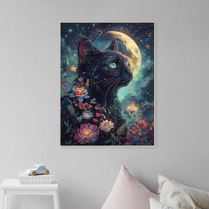 Personalised DIY Diamond Art Kits 5D Cat Diamond Painting Kits for Adult,Black Cat Moon Diamond Painting Full Drill Rhinestone Wall Decor