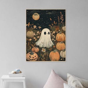 Fall Cute Ghost Diamond Art Painting Kits Adult,Autumn Ghost Pumpkin Full Drill Embroidery Art Gem,Halloween Ghost Paint Gift Wall Decor