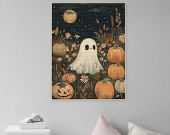 Fall Cute Ghost Diamond Art Painting Kits Adult,Autumn Ghost Pumpkin Full Drill Embroidery Art Gem,Halloween Ghost Paint Gift Wall Decor