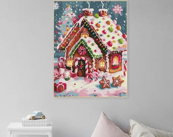 Full Square/Round Drill Gingerbread House Diamond Painting Art Kits,5D DIY Christmas Wall Art Gingerbread Cross Stitch Rhinestone Canvas