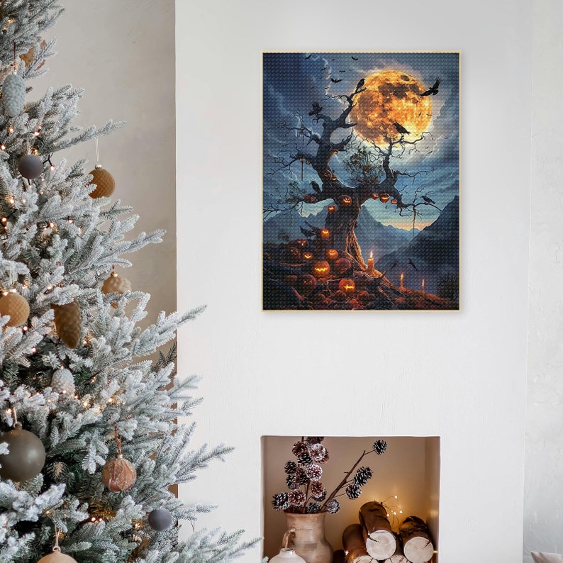 May include: A spooky Halloween-themed illustration of a gnarled tree with glowing jack-o'-lantern faces, silhouetted against a full moon and a dark, cloudy sky.  The tree is surrounded by more jack-o'-lanterns and crows.