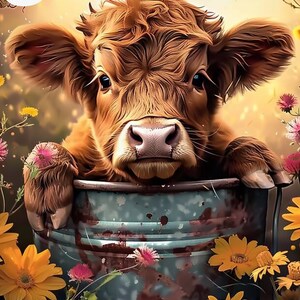 May include: A brown and white calf with a pink nose peeks out of a blue metal bucket. The bucket is surrounded by yellow and pink flowers.