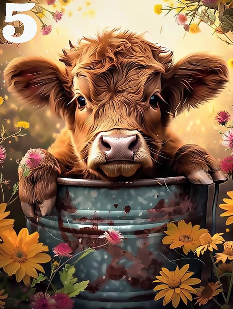 May include: A brown and white calf with a pink nose peeks out of a blue metal bucket. The bucket is surrounded by yellow and pink flowers.