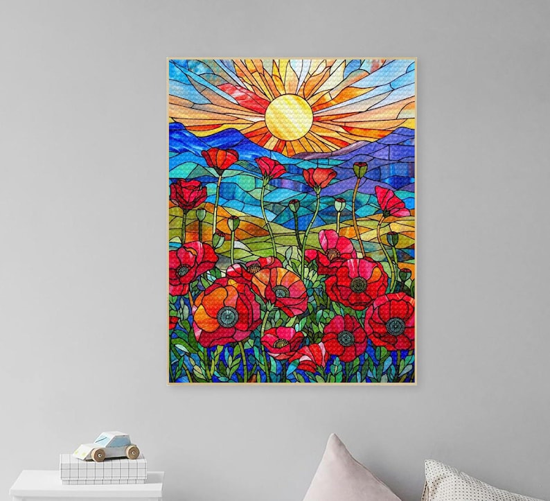 5D DIY Full Drill Stained Glass Red Poppies Diamond Painting Kits for ...