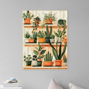 May include: A wooden shelf with multiple potted plants. The plants are a variety of greens and have different colored pots. The shelf is against a light gray wall.