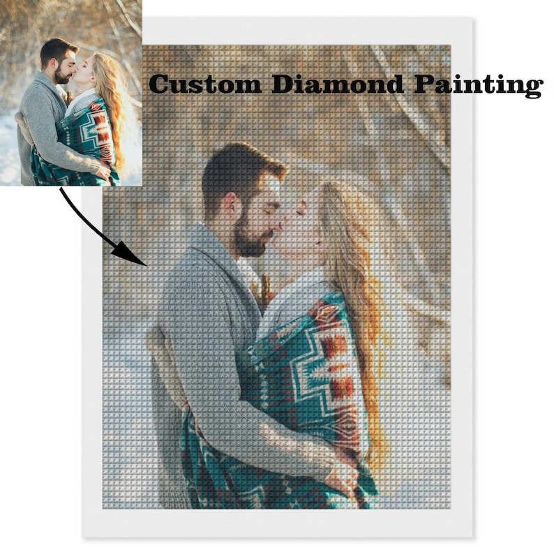 May include: A diamond painting kit featuring a couple kissing in a snowy forest. The image is a close-up of the couple, with the text "Custom Diamond Painting" at the top of the image.