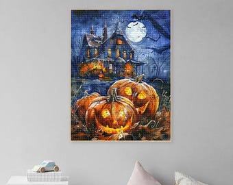 May include: A painting of a spooky Halloween scene with a haunted house and three jack-o'-lanterns in the foreground. The house is dark and mysterious, with glowing windows and a full moon in the sky. The jack-o'-lanterns are carved with scary faces and have glowing eyes.