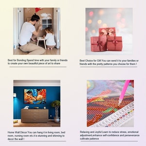 May include: A colorful diamond painting kit with a cat design. The kit includes a canvas, beads, a pen, and instructions. The image shows a person using the pen to place beads on the canvas. The text on the image reads "Relaxing and Joyful: Learn to reduce stress, emotional adjustment, enhance self-confidence and perseverance cultivate patience."
