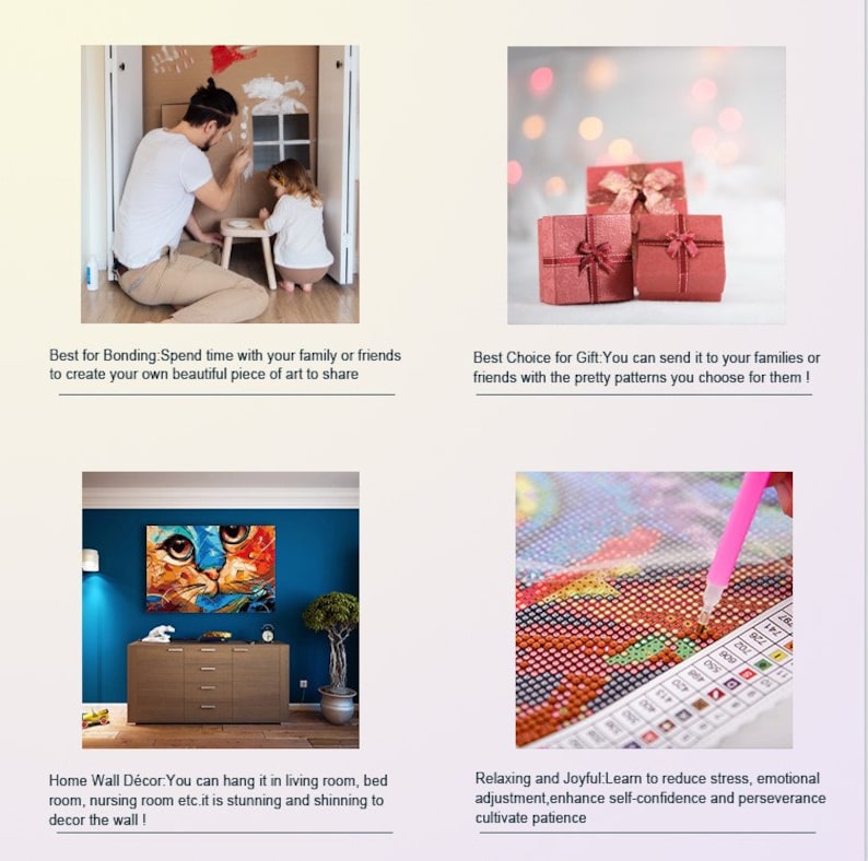 May include: A colorful diamond painting kit with a cat design. The kit includes a canvas, beads, a pen, and instructions. The image shows a person using the pen to place beads on the canvas. The text on the image reads "Relaxing and Joyful: Learn to reduce stress, emotional adjustment, enhance self-confidence and perseverance cultivate patience."