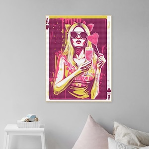 DIY 5D Vollbohrer Königin Spielkarte Diamant Kunst Malerei Kits, Rosa Funky Wandkunst Preppy Ästhetischer Cocktail Dekor Abstrakter Kreuzstich