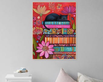Full Drill 5D Diamond Painting Book Cat Boho Flower Diamond Art Kit DIY Cat Lover Gift, Gift for Book Lover，Bookish Wall Art Book Cat Floral