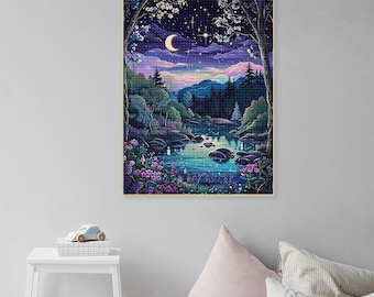 Mystical Night Diamond Painting Art Kit,Flower Moon Forest Landscape Art Embroidery Mosaic Cross Stitch,Moon Night Forest Wall Art Purple