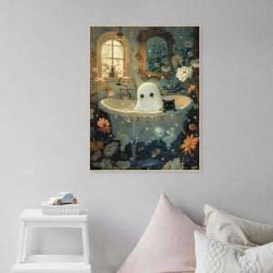 Ghost and Cat in Bathtub Diamond Art Painting Kits Adult,Spooky Halloween Wall Art Gem,Spooky Ghost Painting,Halloween Gift Bathroom Decor