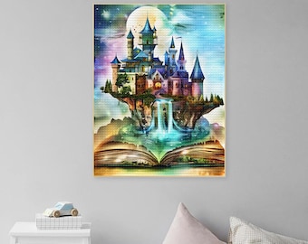 Diamond Painting Magic Book Castle 5D DIY Mosic Embroidery Wizard Fantasy Castle Book Cross Stitch Rhinestone Bookish Reader Gift Book Room
