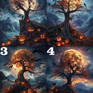 May include: A spooky Halloween scene with a large, full moon behind a bare tree with crows perched on its branches.  The tree is on a rocky hilltop with glowing jack-o'-lanterns scattered around the base.