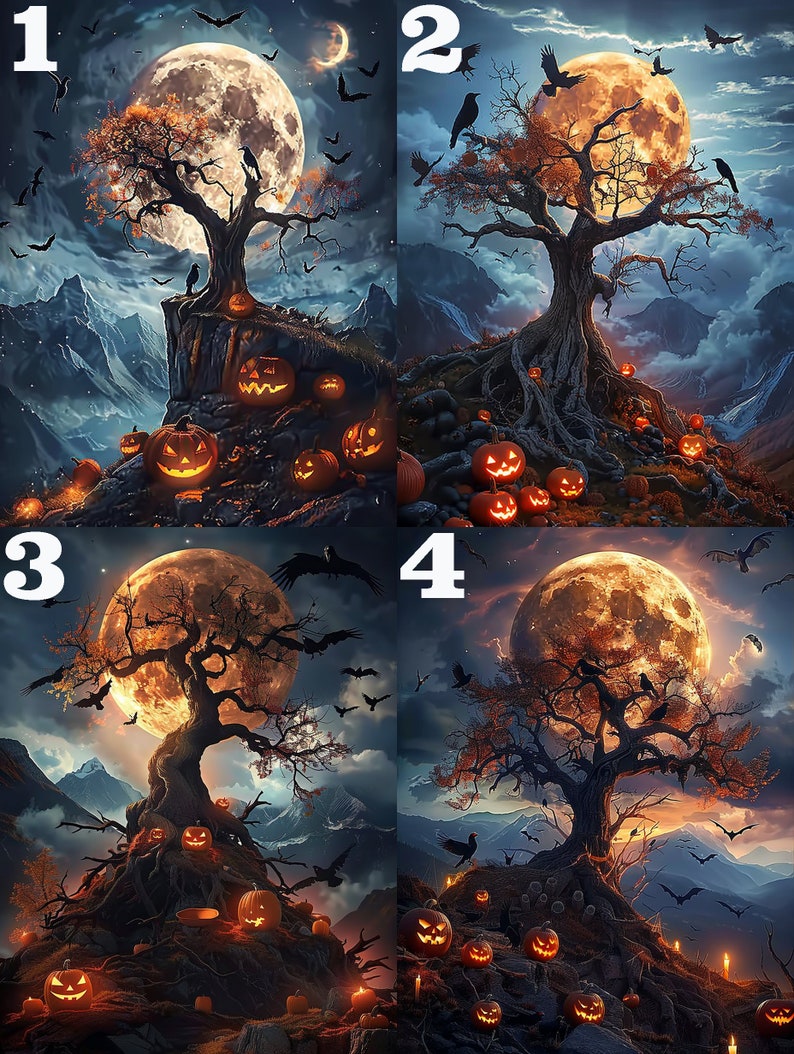 May include: A spooky Halloween scene with a large, full moon behind a bare tree with crows perched on its branches.  The tree is on a rocky hilltop with glowing jack-o'-lanterns scattered around the base.
