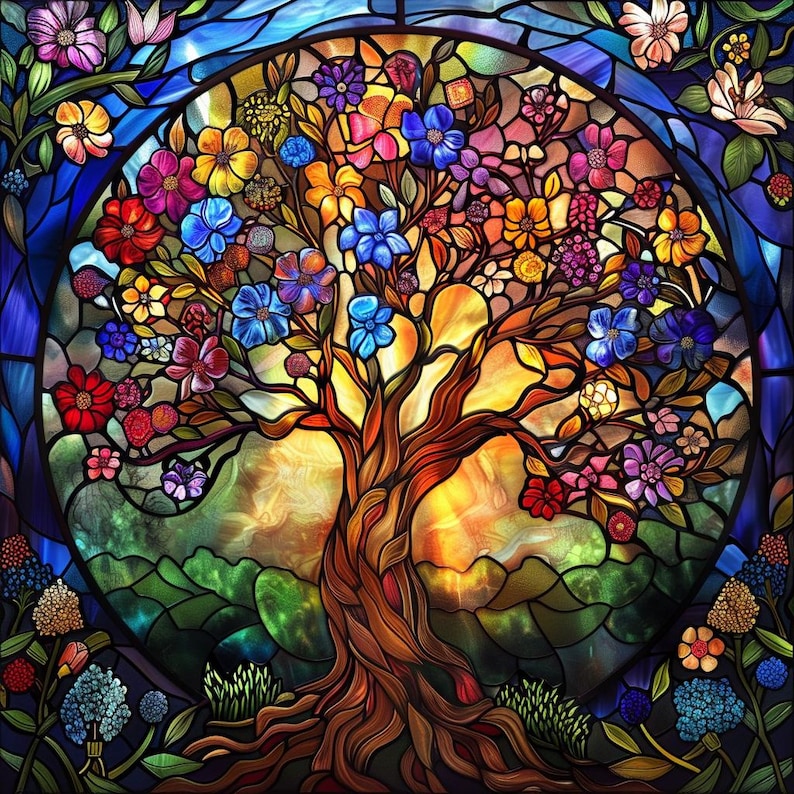 May include: A stained glass window depicting a colorful tree with flowers in shades of blue, red, yellow, and purple. The tree is set against a background of green hills and a bright orange sun.