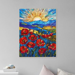 5D DIY diamantmålningsset med full borrning i målat glas, röd vallmo för vuxna, röd vallmomålning, mosaik, färgglad fältlandskap, väggkonst