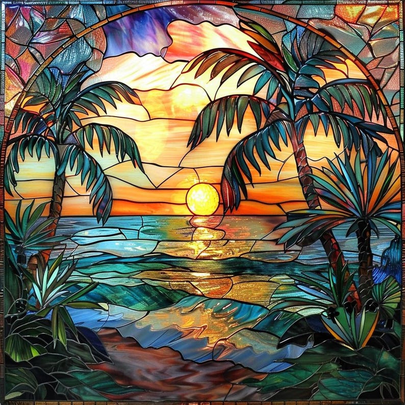 Stained Glass Sunset Palm Tree Diamond Painting,5d DIY Tropical Beach ...