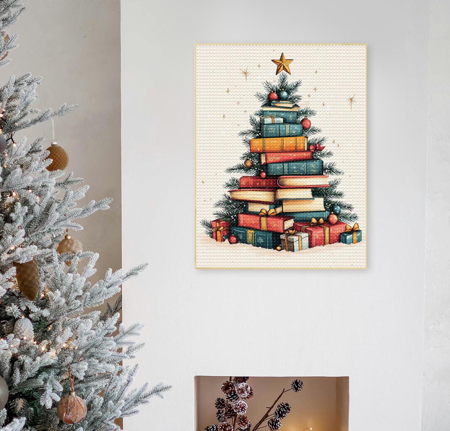 Julboksgran diamantmålningskonstkit vuxen, bokälskare bokmal julklapp väggkonst ädelsten julgran bokälskare present bokklubb present