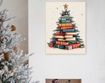 Christmas Book Tree Diamond Painting Art Kits Adult,Book lover Bookworm Xmas Gift Wall Art Gem Christmas Tree Bookish Gift Book Club Gift